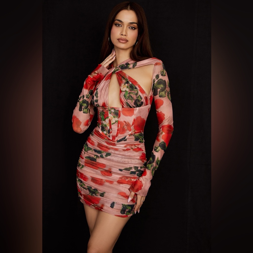 House of CB Floral Long Sleeve Dress in Pink and Red